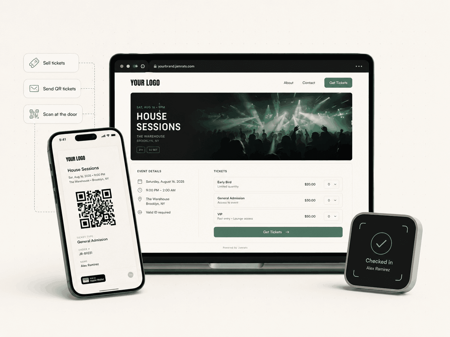 Jamrats organizer dashboard, event page, ticket, and door scanner